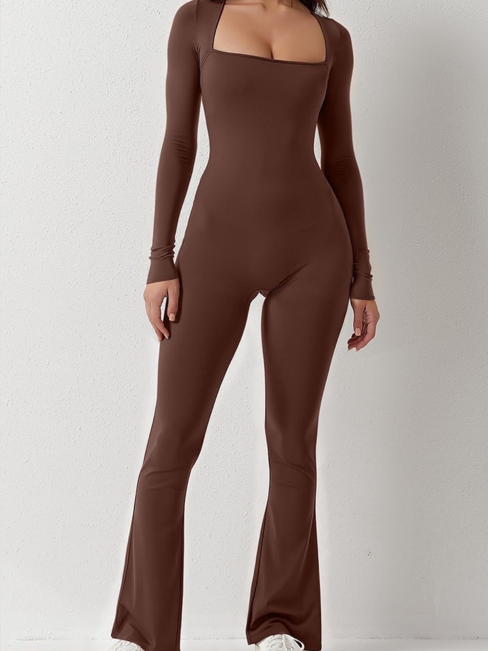 Brown Qinsen Seamless long sleeve flat leg body suit athletic suit one piece